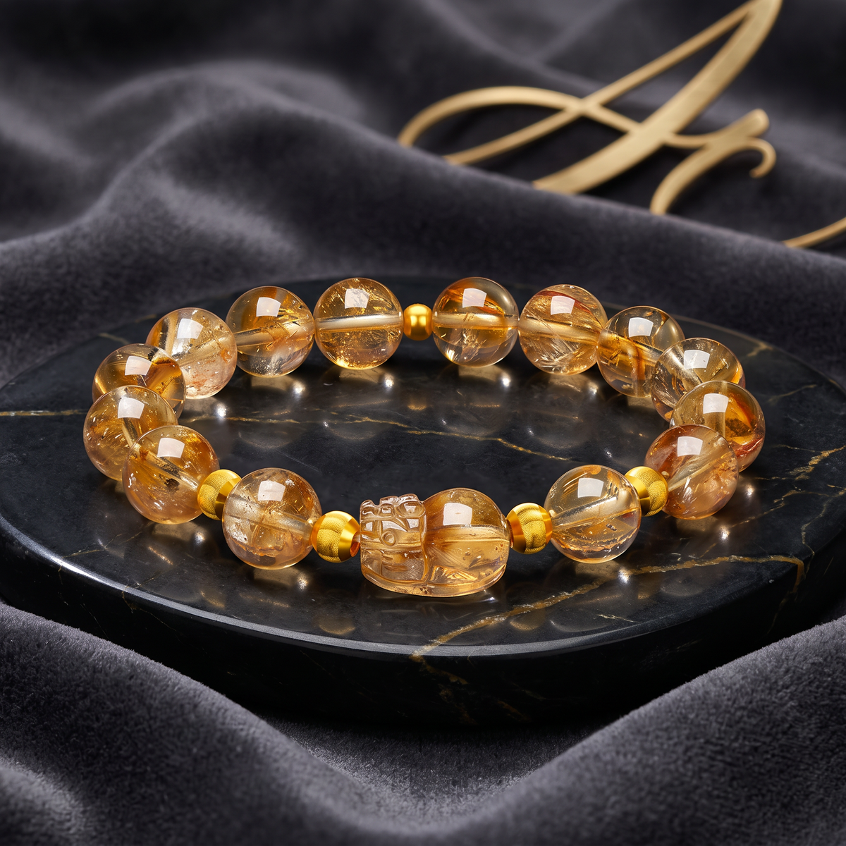 24K 3D Hard Gold Beads Pixiu Wealth Guardian Yellow Crystal Charm Bracelet