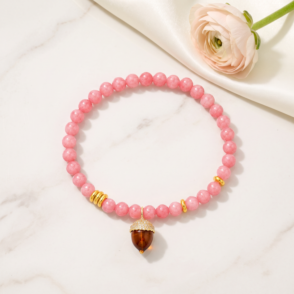 24K 999 Gold Flat Bead with Acorn Charm Fortune Lucky Chalcedony Beads Bracelet