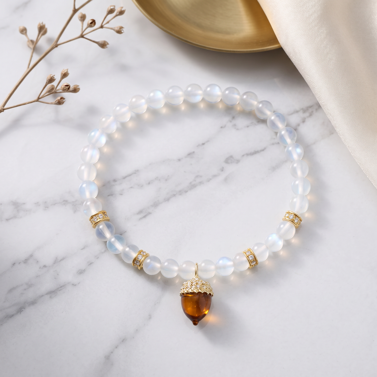 24K 999 Gold Bead with Acorn Charm Fortune Lucky White Agate Beads Bracelet