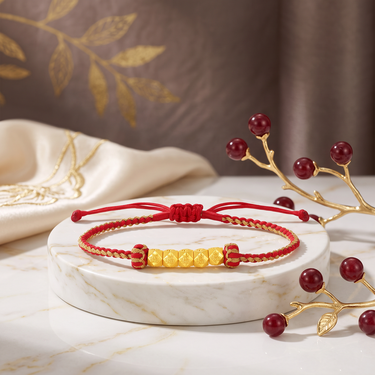 24k 5D Hard Gold Blessing Chinese Fu Charm Woven Adjustable Bracelet