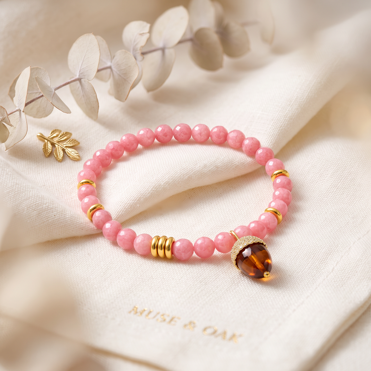 24K 999 Gold Flat Bead with Acorn Charm Fortune Lucky Chalcedony Beads Bracelet