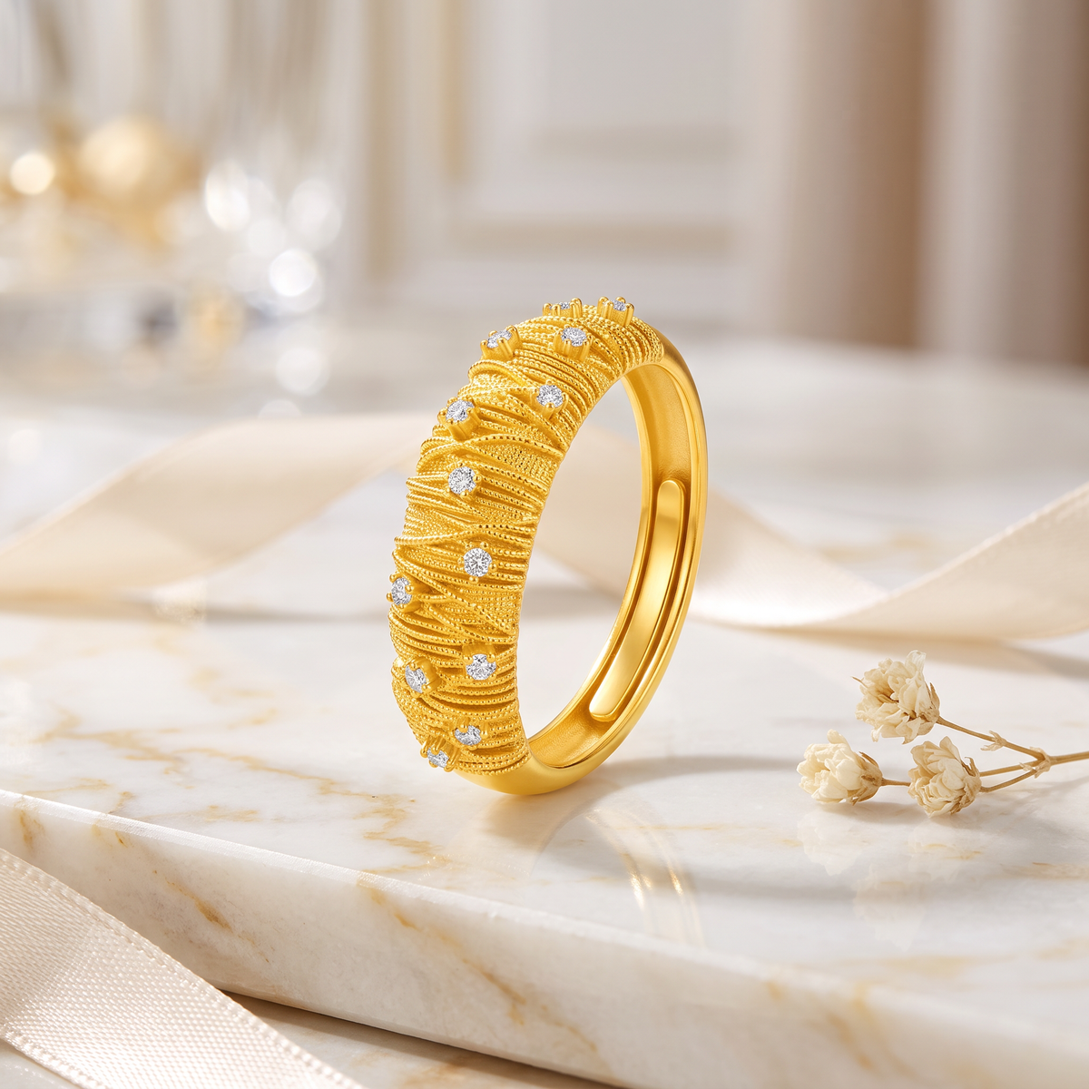 24K Gold Diamond Adjustable Opening Ring
