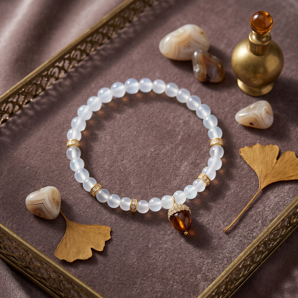 24K 999 Gold Bead with Acorn Charm Fortune Lucky White Agate Beads Bracelet