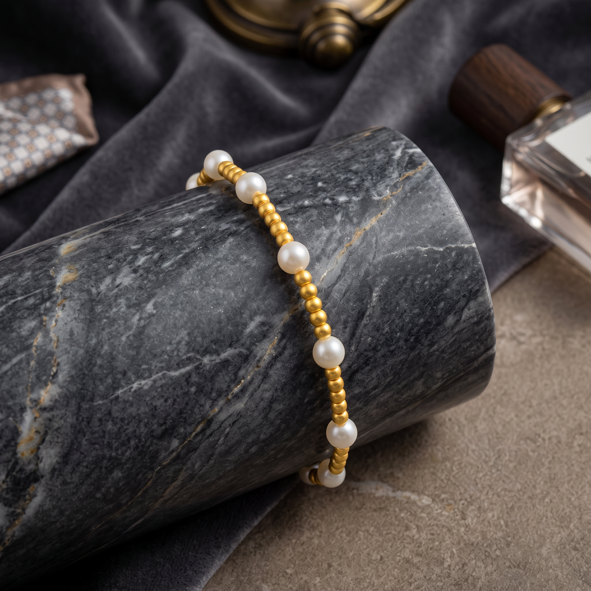 24K 999 Fine Gold Mini Beads and Pearl Adjustable Cord Bracelet Perfect Gift