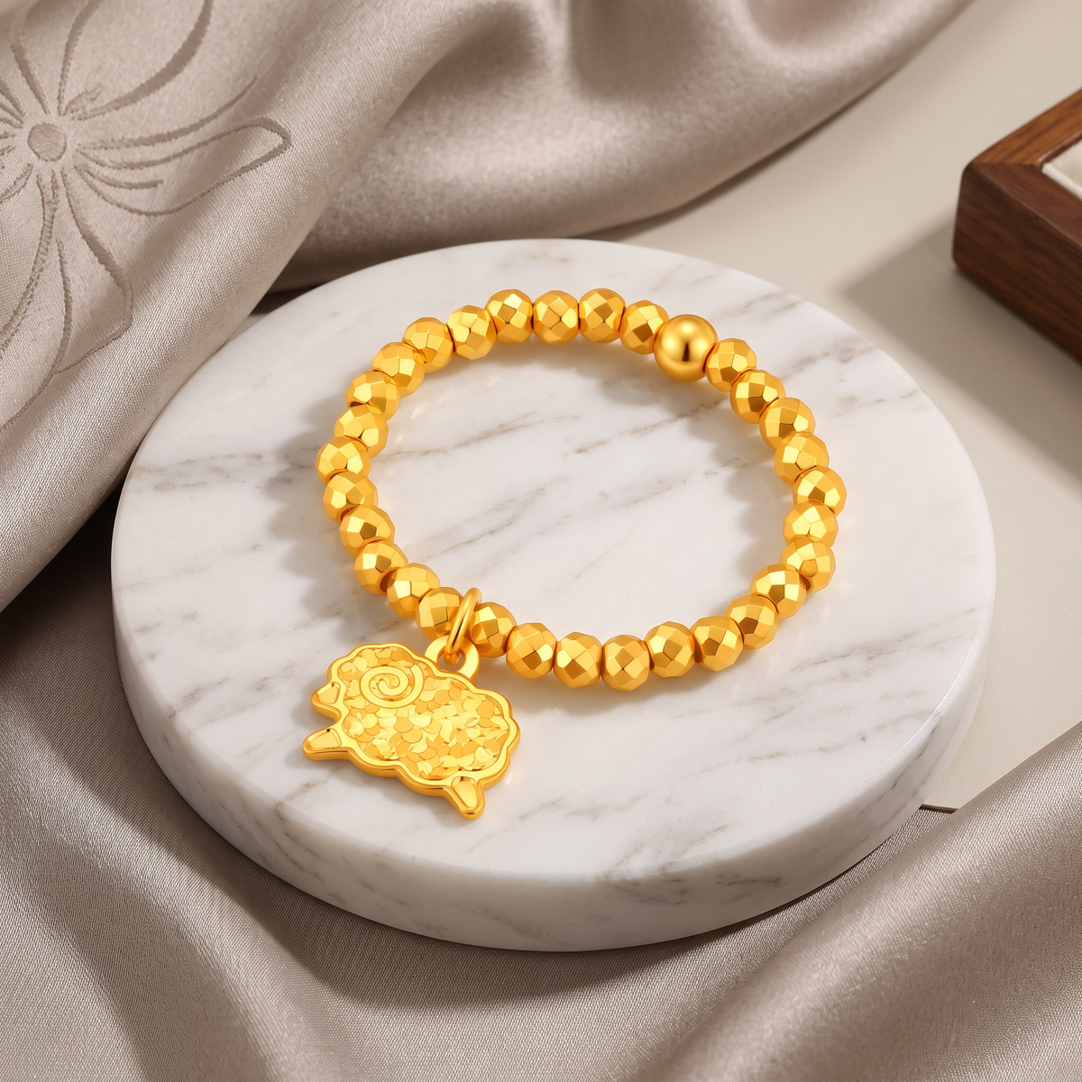 24K Gold Shinning Goat Sheep Charm Chinese Zodiac Beaded Ring