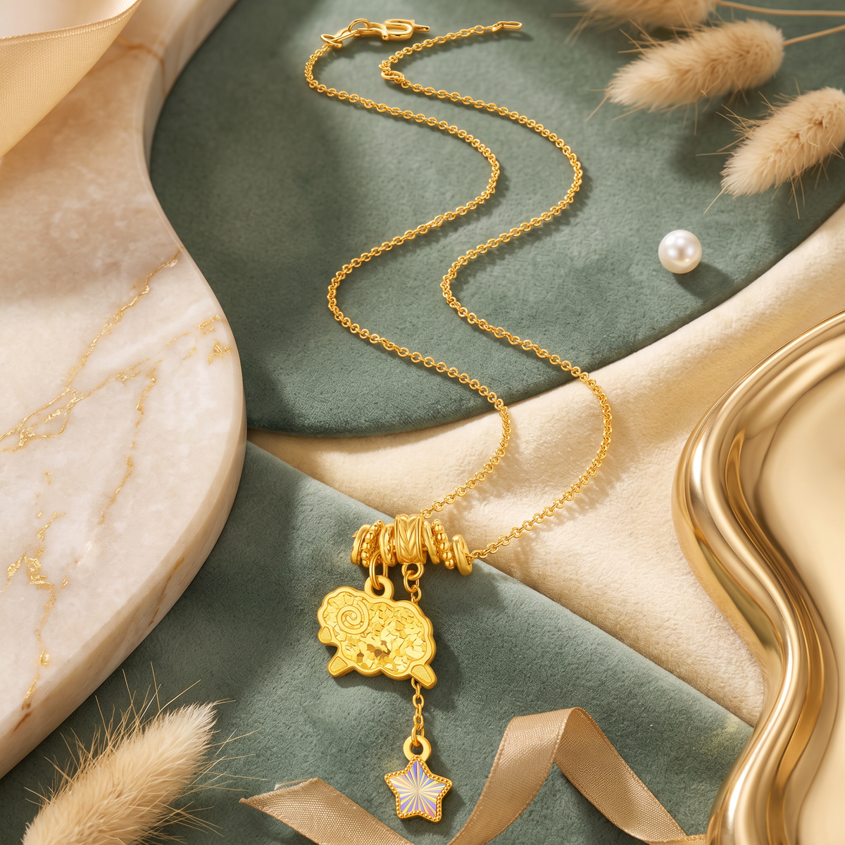 24k Fine Gold Chinese Zodiac Sheep Goat Shinning Charm Beaded Necklace