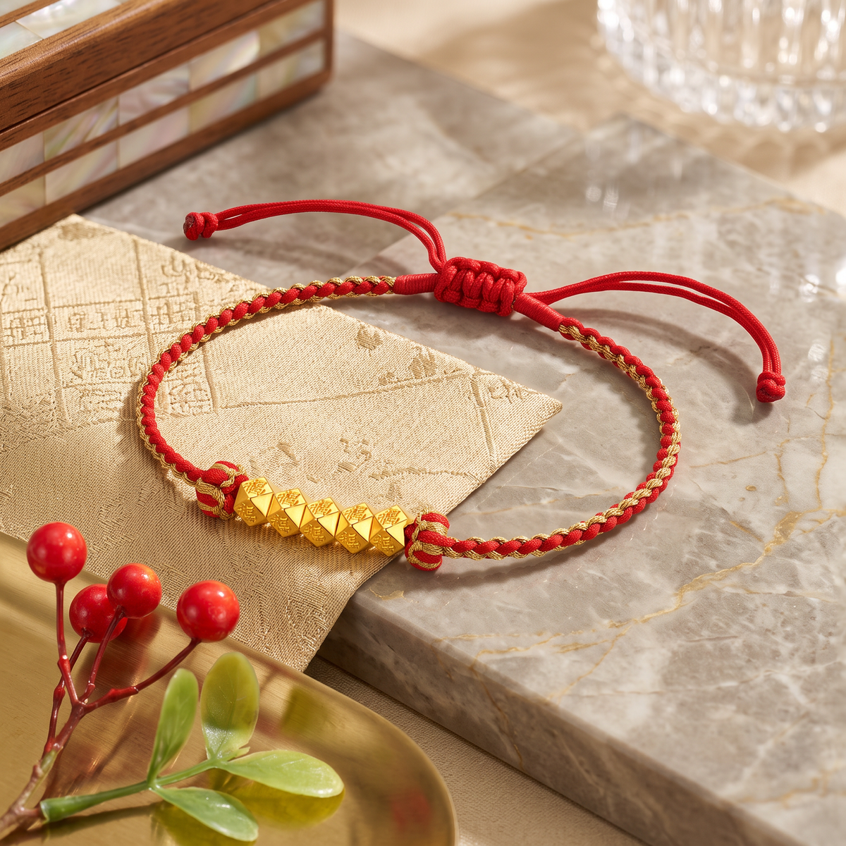 24k 5D Hard Gold Blessing Chinese Fu Charm Woven Adjustable Bracelet