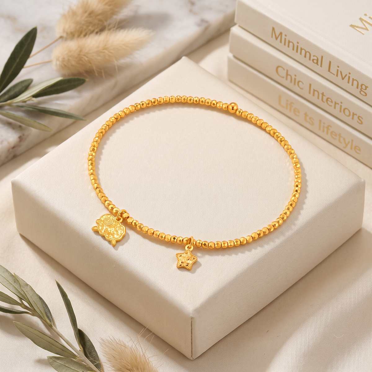 24k Fine Gold Chinese Zodiac Sheep Goat Shinning Charm Beaded Bracelet