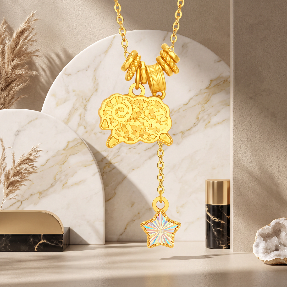 24k Fine Gold Chinese Zodiac Sheep Goat Shinning Charm Beaded Necklace