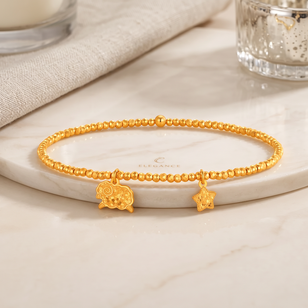 24k Fine Gold Chinese Zodiac Sheep Goat Shinning Charm Beaded Bracelet