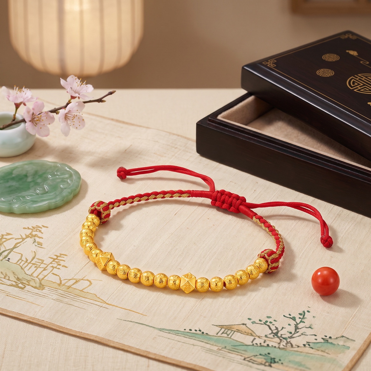 24k 5D Hard Gold Blessing Chinese Fu Charm Woven Adjustable Bracelet