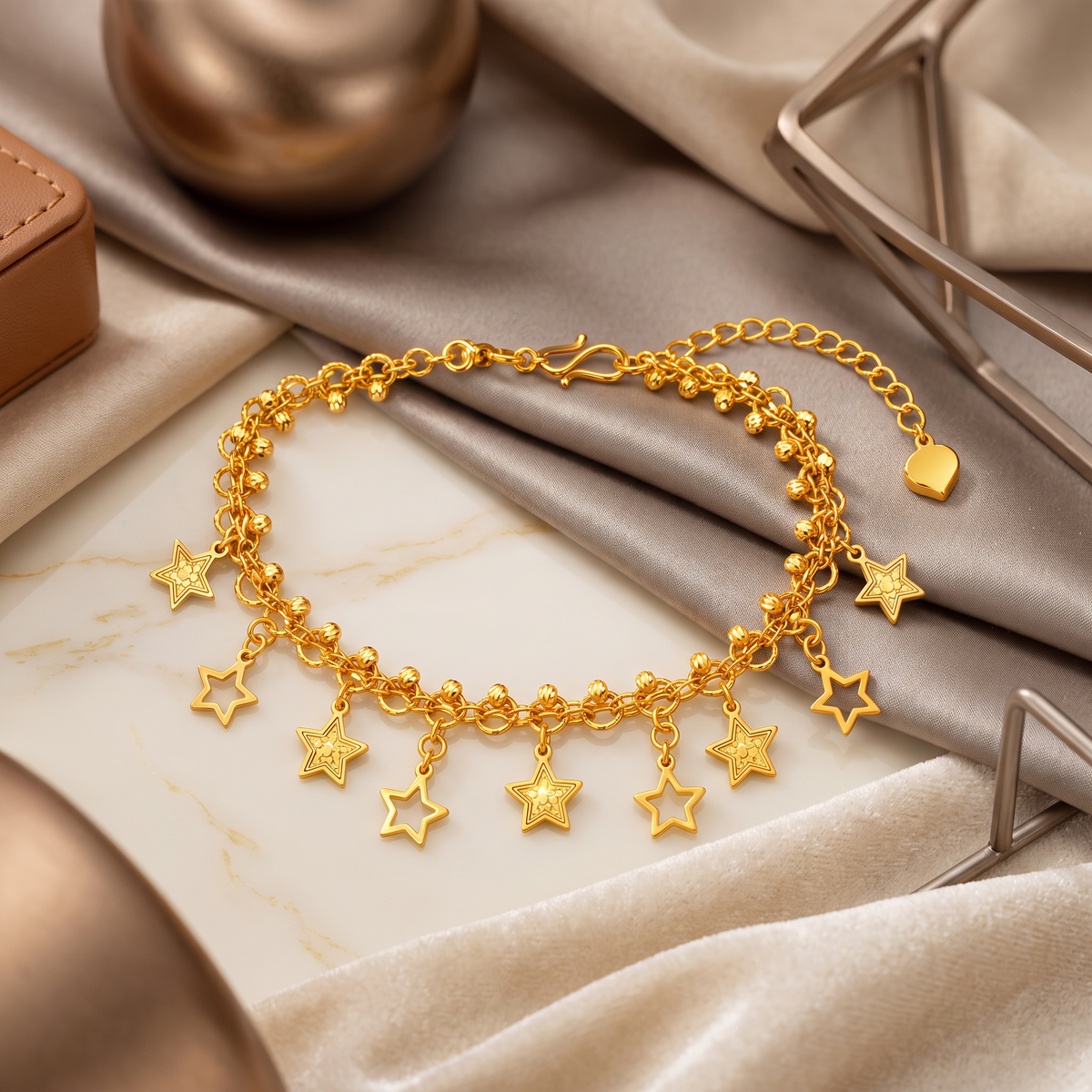 24k Fine Gold Dangle Stars Chain Bracelet
