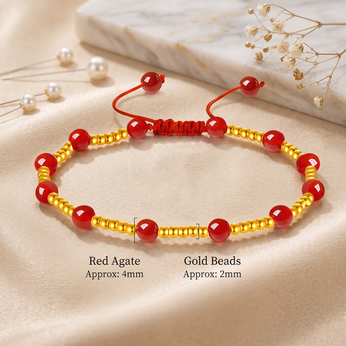 24K 999 Fine Gold Mini Beads and Red Agate Adjustable Cord Bracelet Perfect Gift