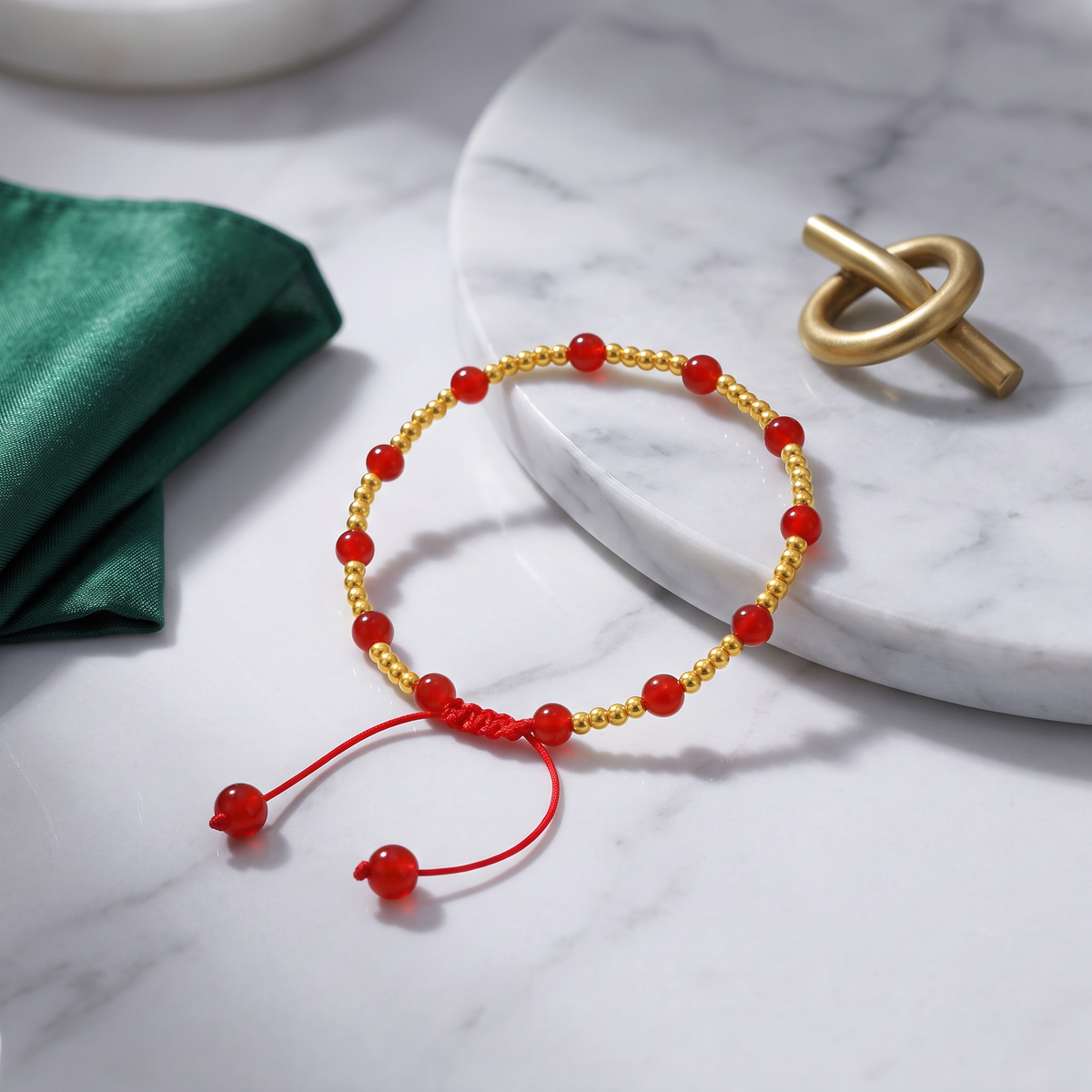 24K 999 Fine Gold Mini Beads and Red Agate Adjustable Cord Bracelet Perfect Gift