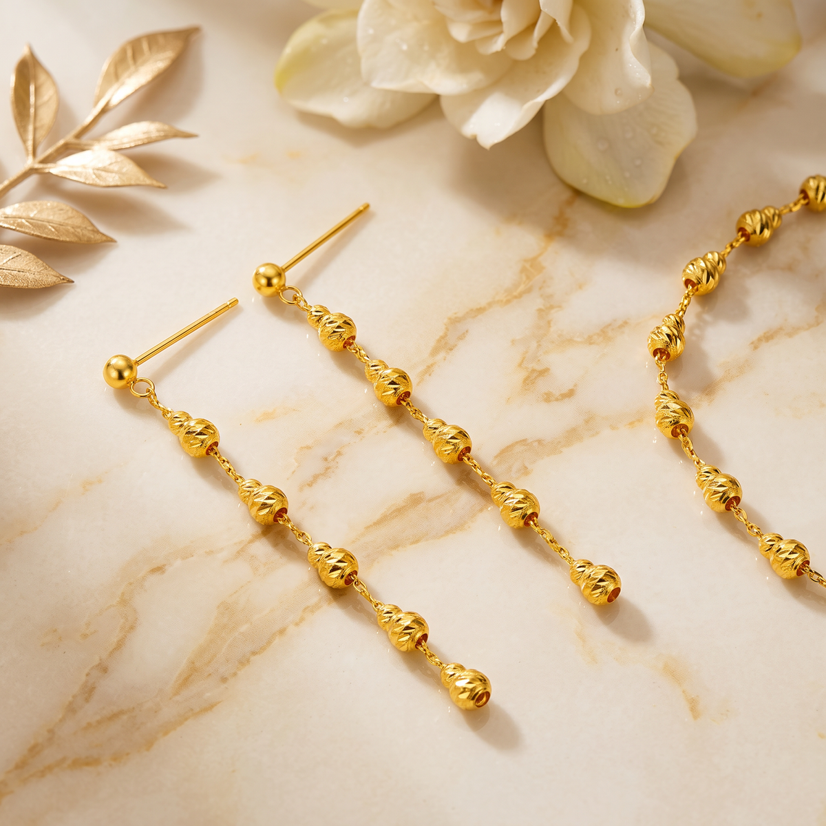 18K Fine Gold Gourd Charms Bracelet and Stud Dangle Earrings
