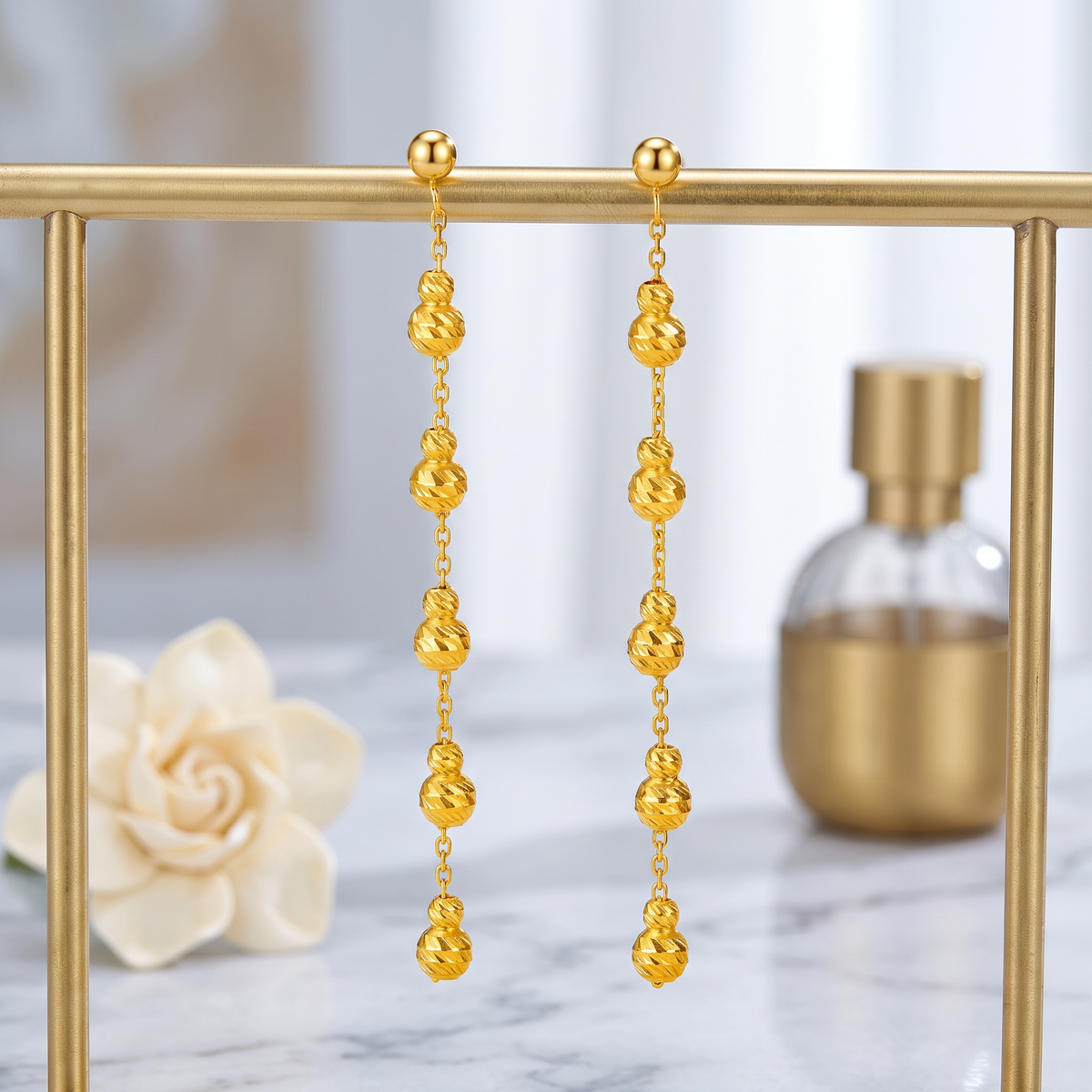 18K Fine Gold Gourd Charms Bracelet and Stud Dangle Earrings