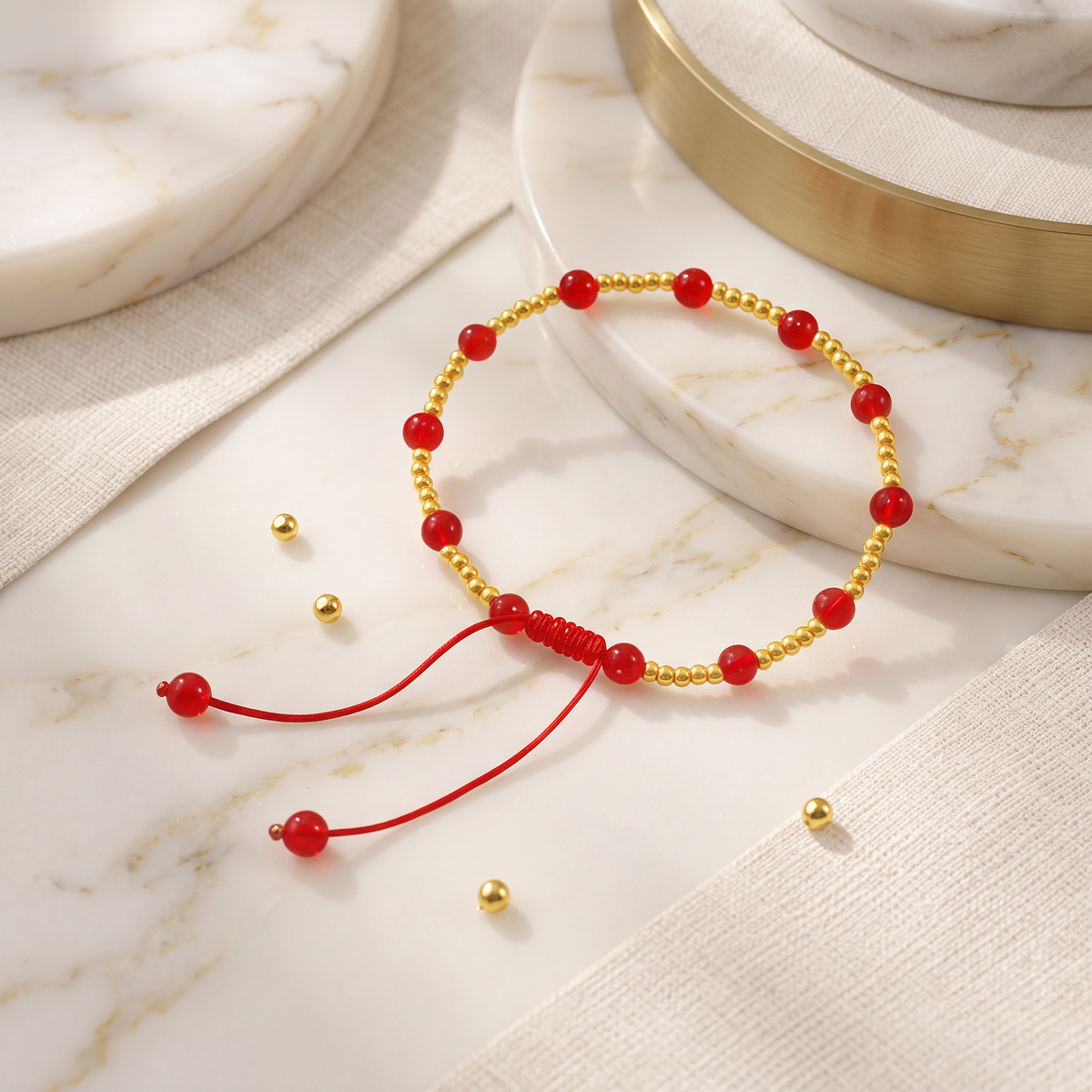 24K 999 Fine Gold Mini Beads and Red Agate Adjustable Cord Bracelet Perfect Gift