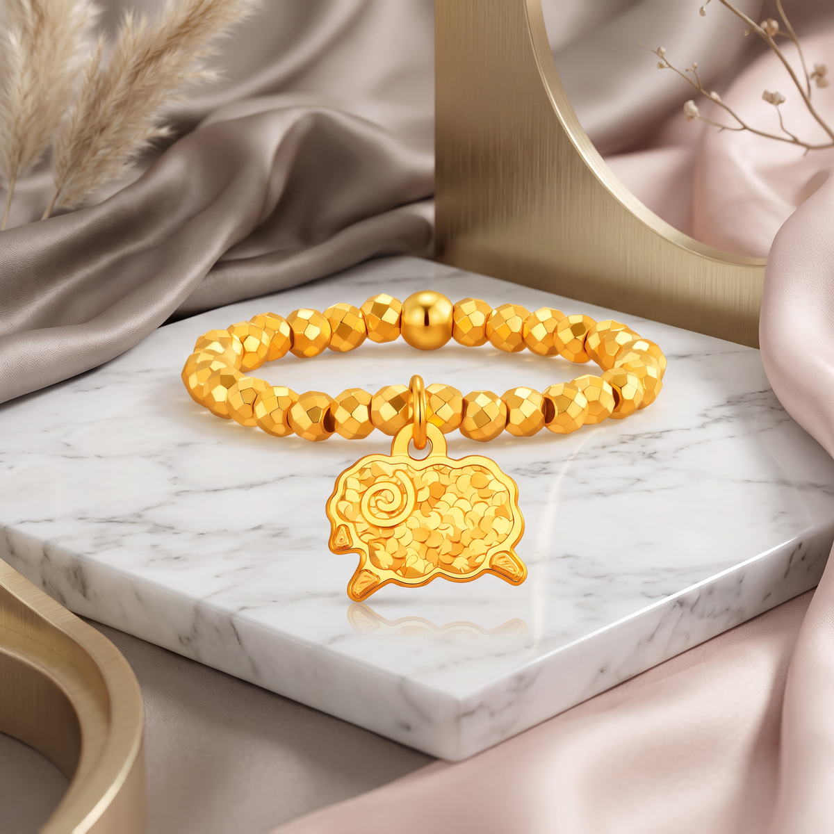 24K Gold Shinning Goat Sheep Charm Chinese Zodiac Beaded Ring