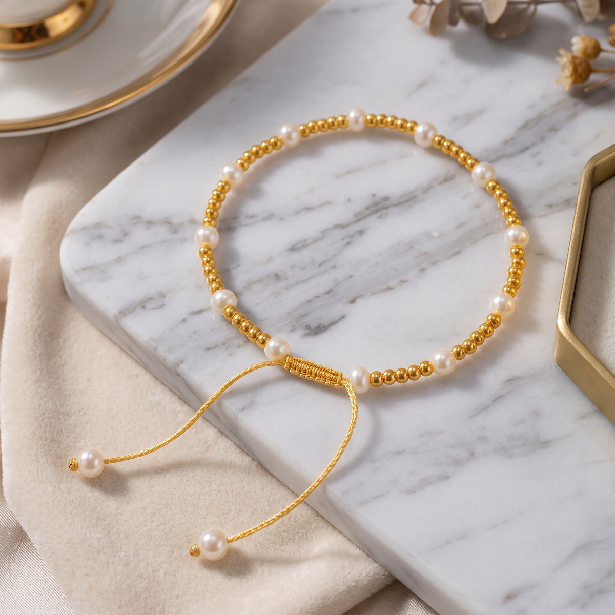 24K 999 Fine Gold Mini Beads and Pearl Adjustable Cord Bracelet Perfect Gift
