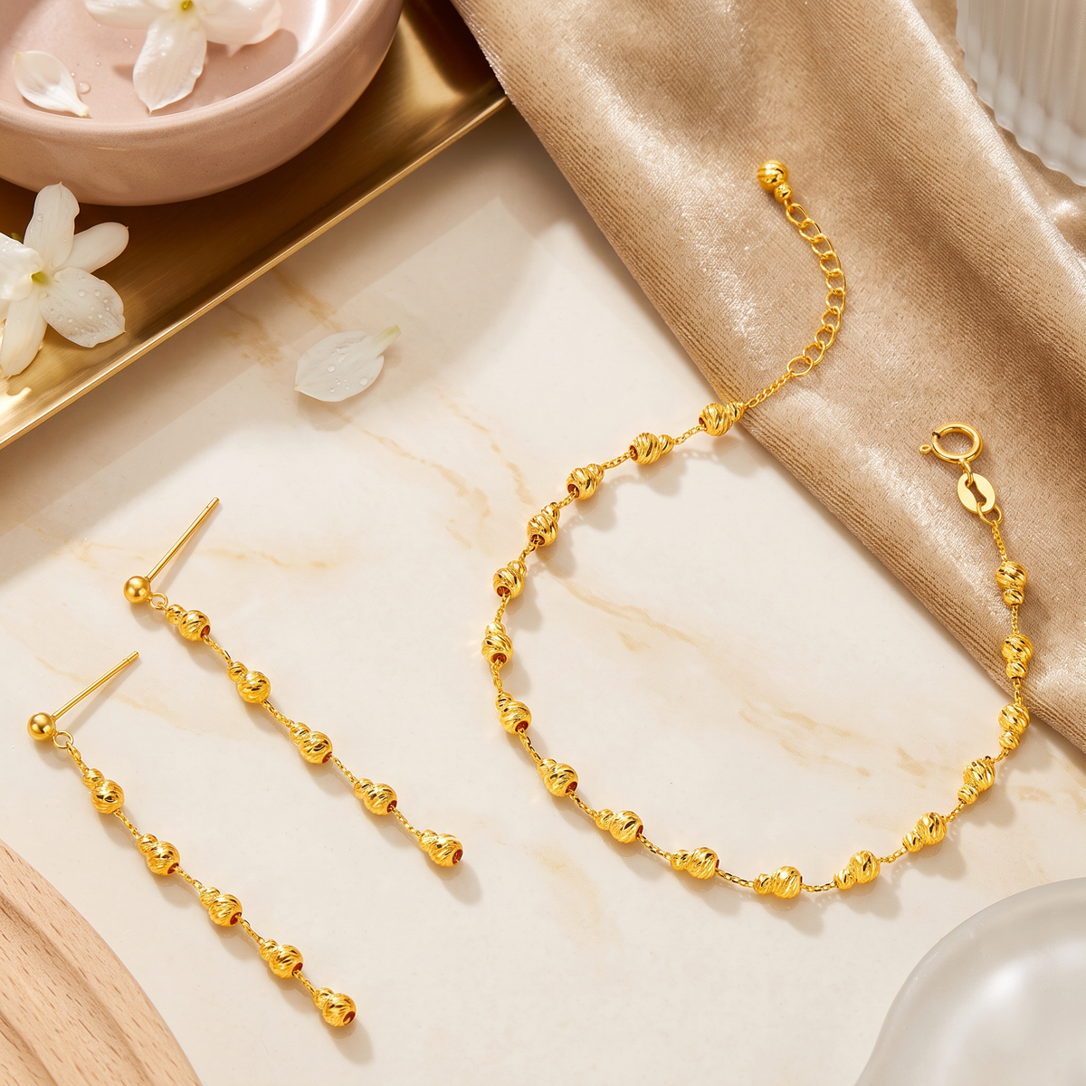 18K Fine Gold Gourd Charms Bracelet and Stud Dangle Earrings
