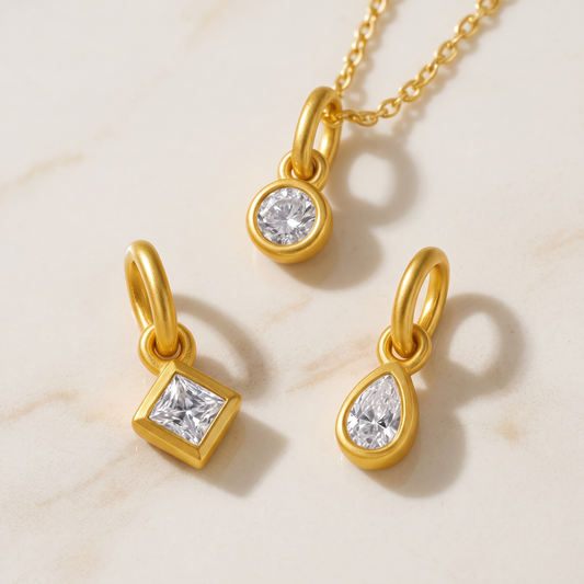 24K Gold Mini Minimal Round Square and Teardrop Charms Pendant