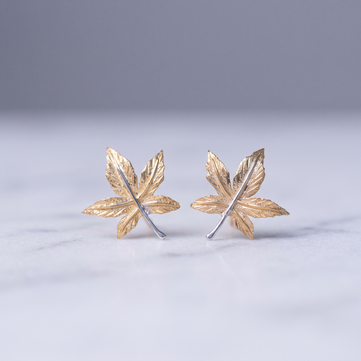 18K Gold Maple Leaf Autumn Elegant Stud Earrings Sparkling Sanblasted Finish Gift
