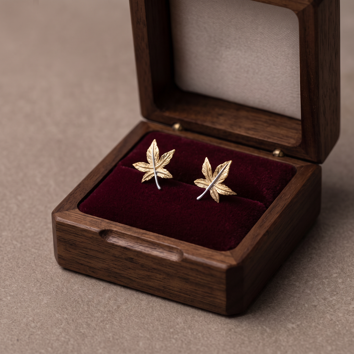 18K Gold Maple Leaf Autumn Elegant Stud Earrings Sparkling Sanblasted Finish Gift