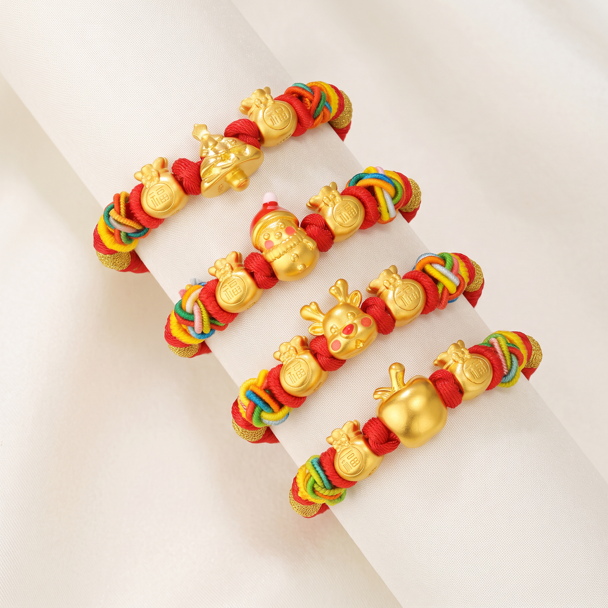 24k 999 Gold Christmas Tree Apple Snowman Reindeer Charm Woven Adjustable Bracelet Holiday Gift Baby Kid Size