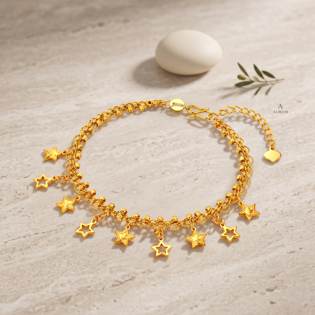 24k Fine Gold Dangle Stars Chain Bracelet