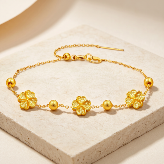 24k Fine Gold Clover Leaf Charms Shinning Adjustable Bracelet Gift