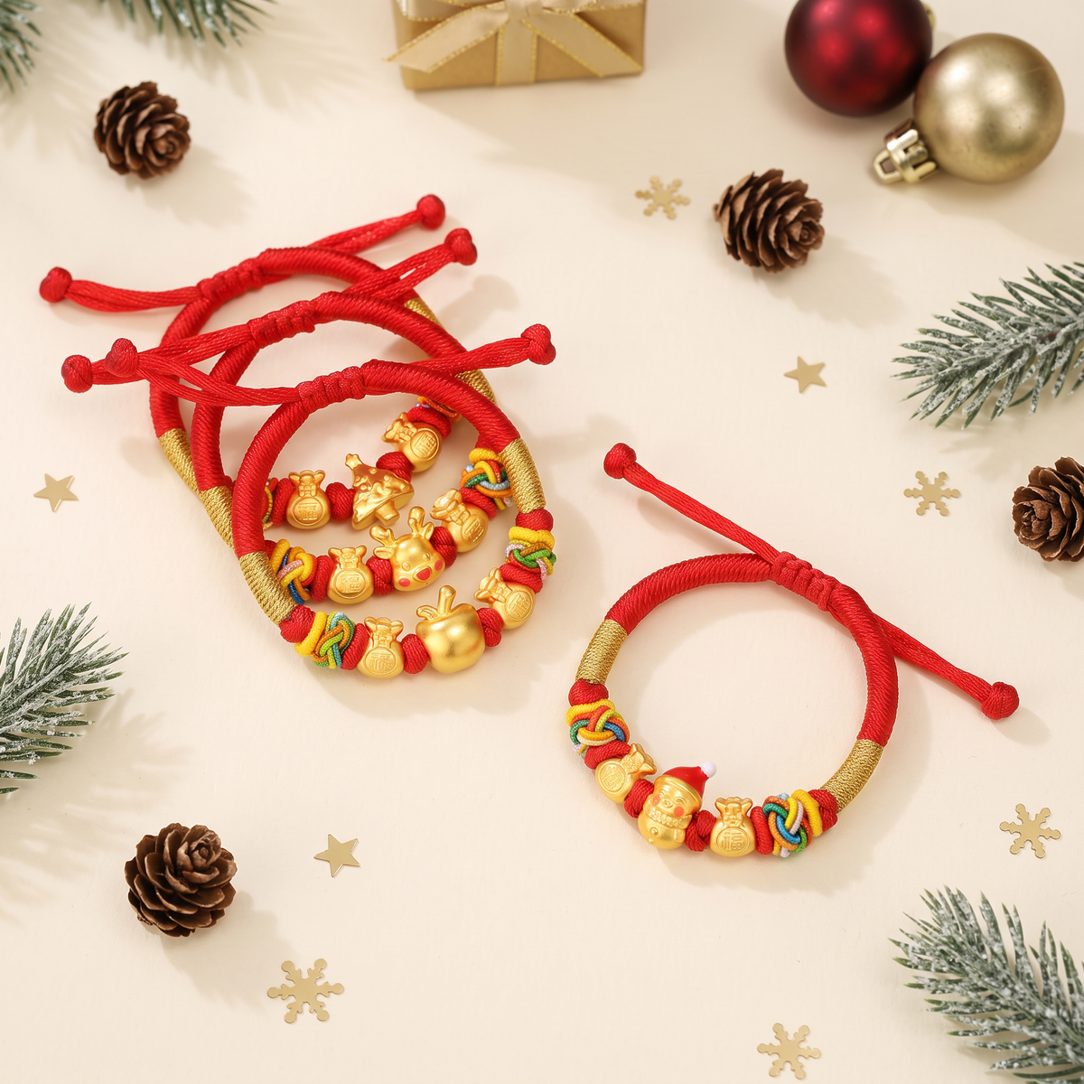 24k 999 Gold Christmas Tree Apple Snowman Reindeer Charm Woven Adjustable Bracelet Holiday Gift Baby Kid Size