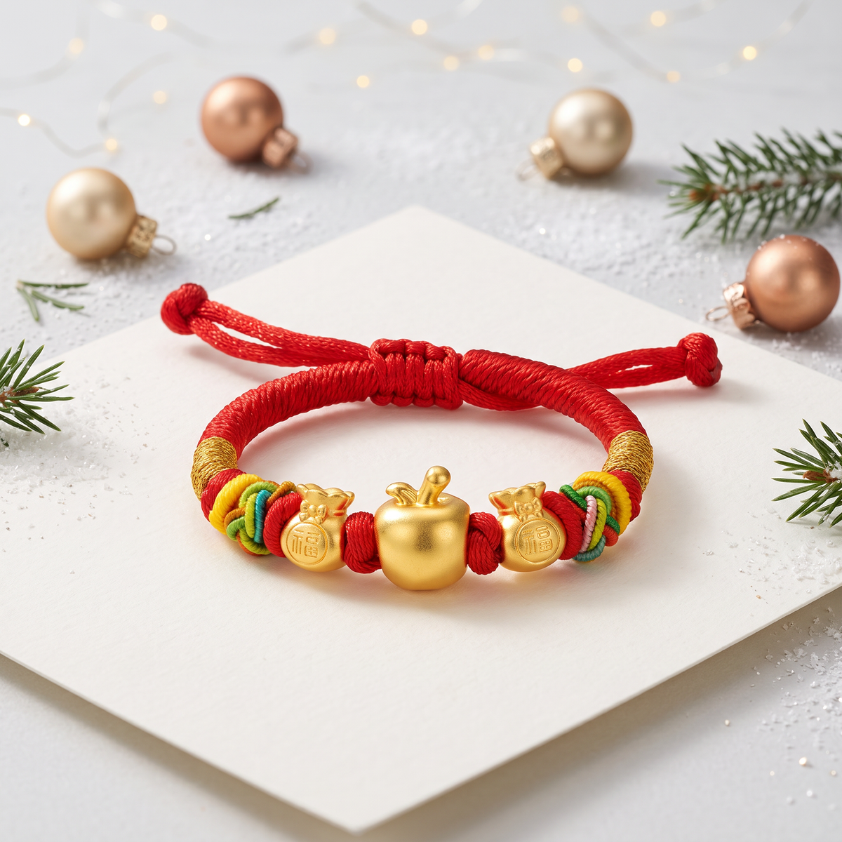 24k 999 Gold Christmas Tree Apple Snowman Reindeer Charm Woven Adjustable Bracelet Holiday Gift Baby Kid Size
