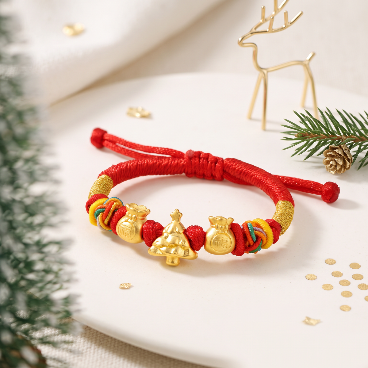 24k 999 Gold Christmas Tree Apple Snowman Reindeer Charm Woven Adjustable Bracelet Holiday Gift Baby Kid Size