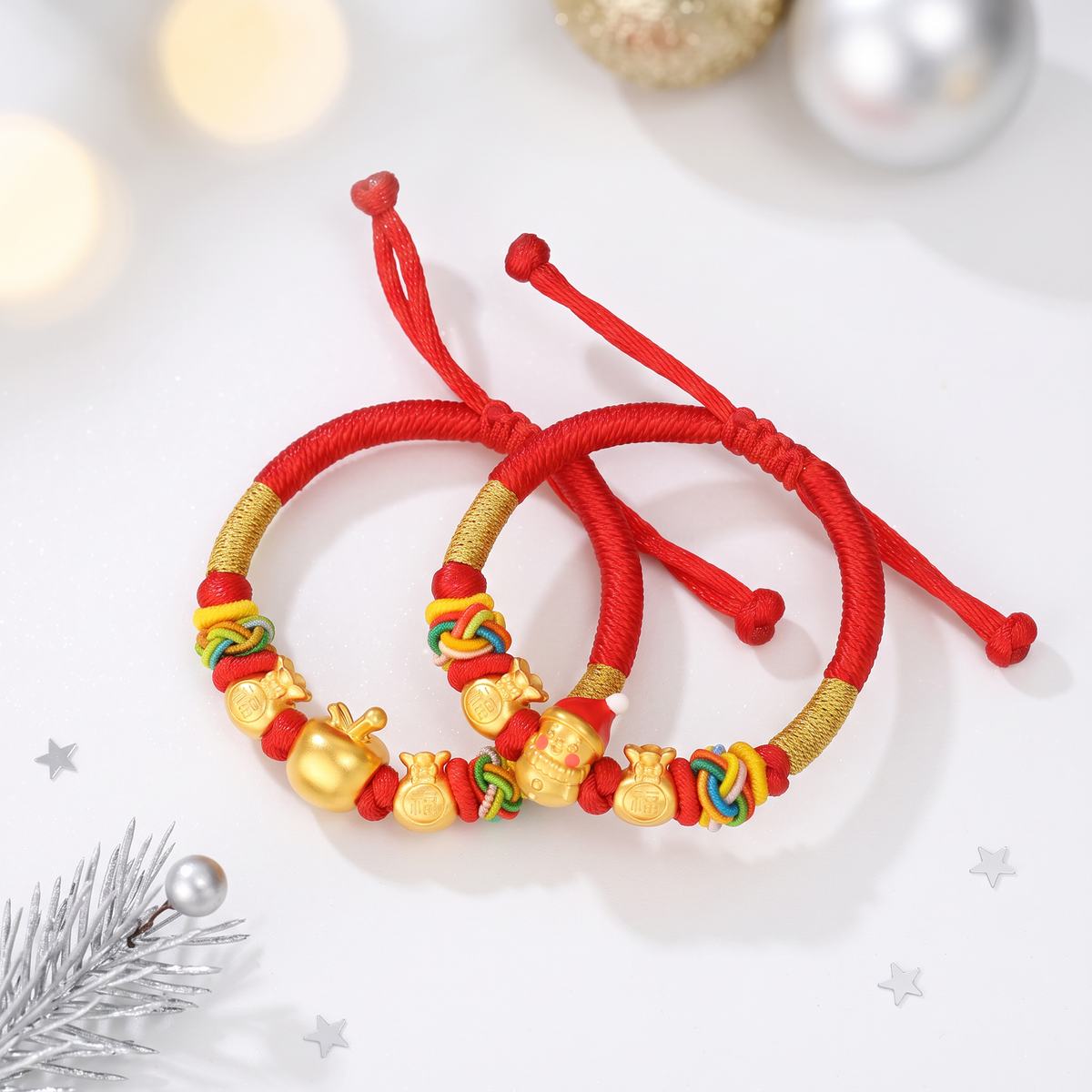 24k 999 Gold Christmas Tree Apple Snowman Reindeer Charm Woven Adjustable Bracelet Holiday Gift Baby Kid Size