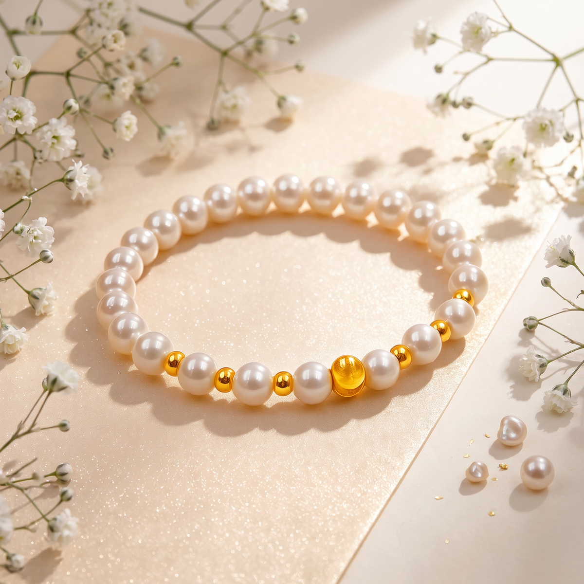 24K 999 Fine Gold Cat's Eye Beads Bracelet Pearl Agate Beads Gift for Girlfriend Wife or Best Friend Birthday