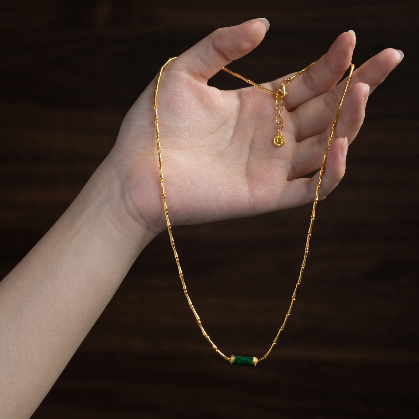 24K Pure 999 Gold Hammered Bamboo-Link Green Jade Fortune Pendant Necklace and Bracelet