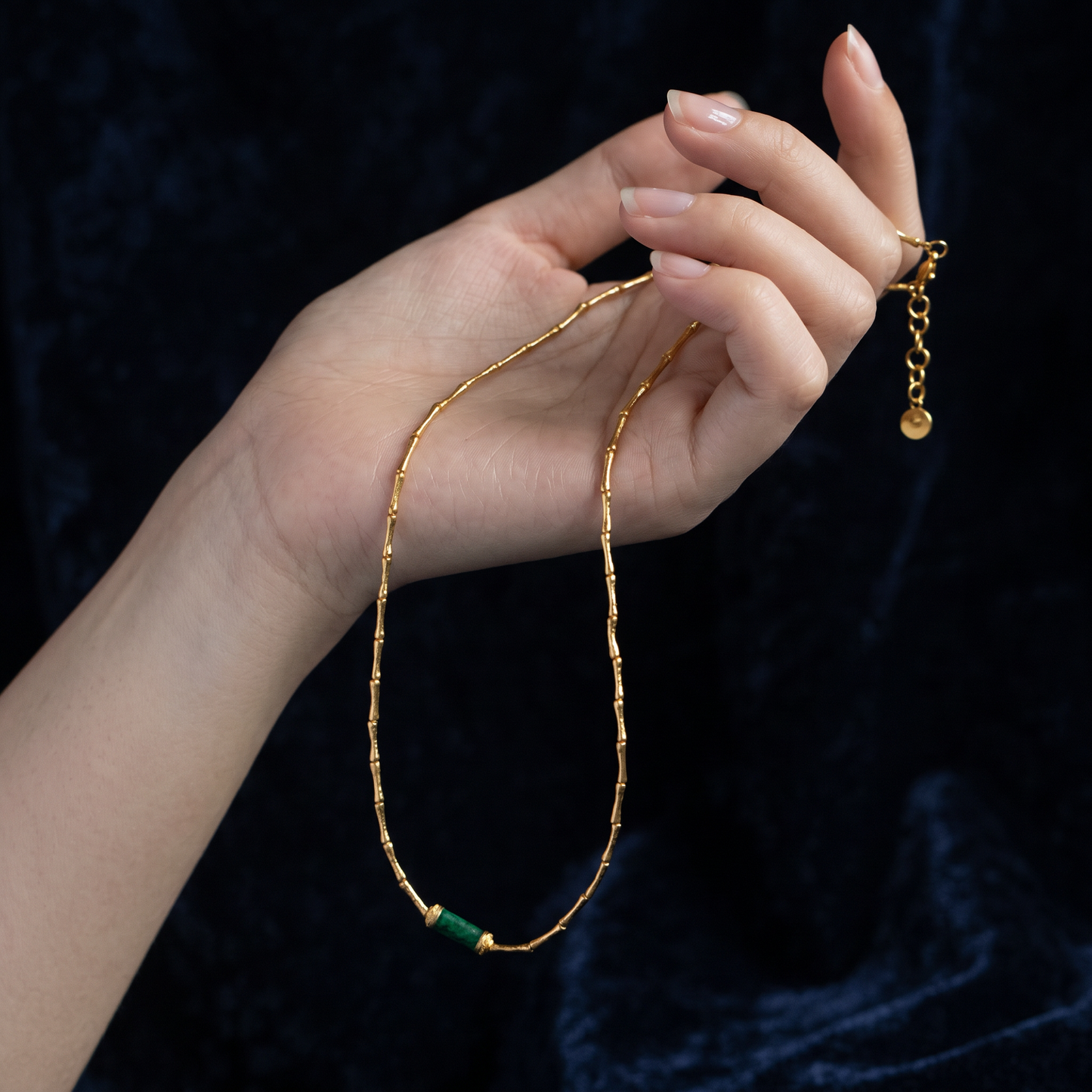 24K Pure 999 Gold Hammered Bamboo-Link Green Jade Fortune Pendant Necklace and Bracelet