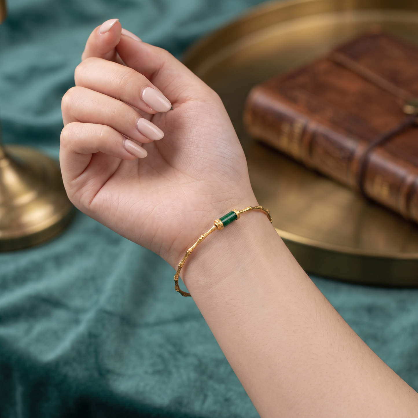 24K Pure 999 Gold Hammered Bamboo-Link Green Jade Fortune Pendant Necklace and Bracelet