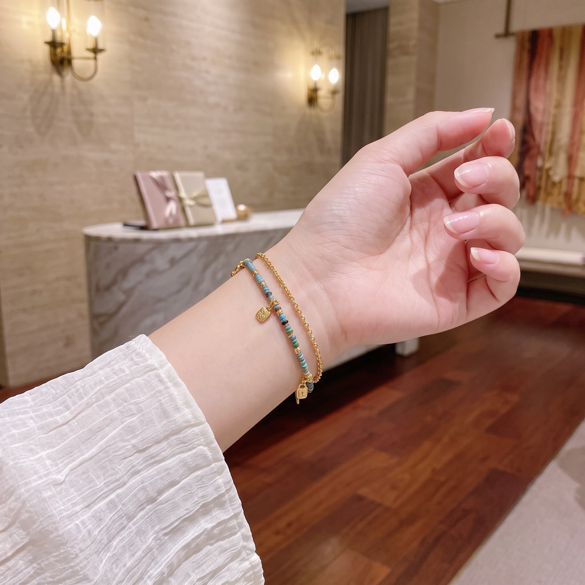 24k 999 Gold Double Layer Glass Bead Mini Crown Charm Good Fortnue Dangling Accents Bracelet