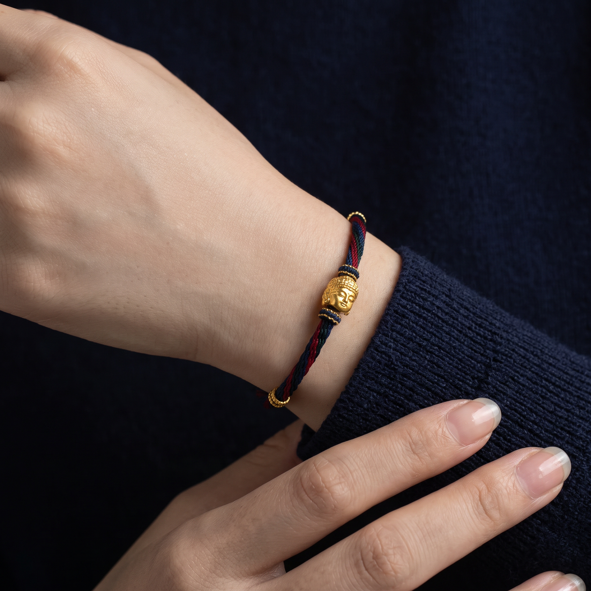 Originial Design 24k 999 Fine Gold Buddha Head Woven Cord Bracelet