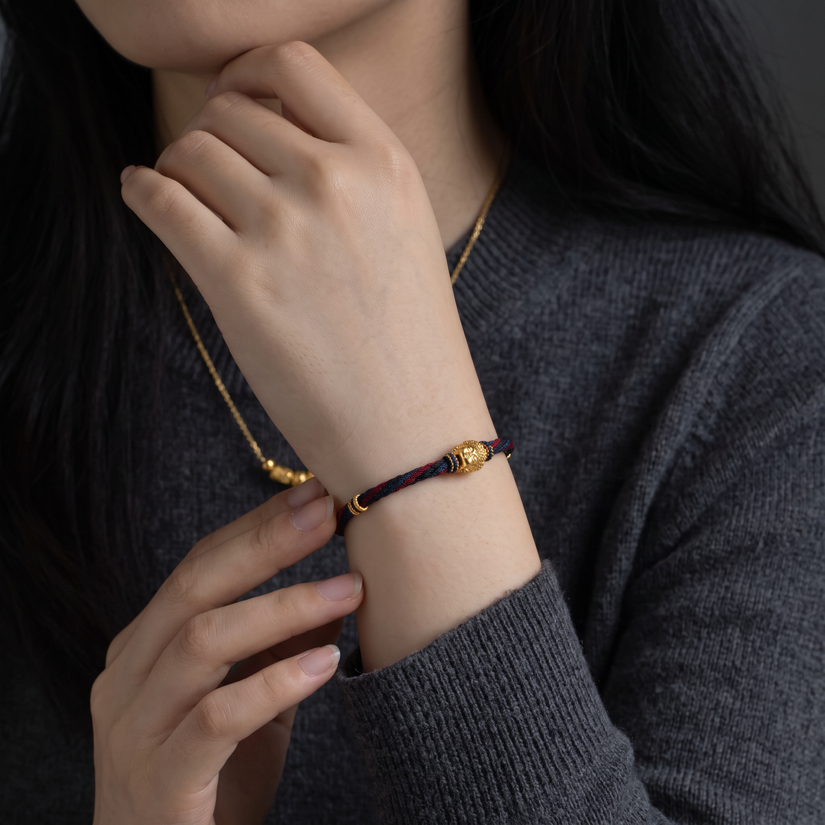 Originial Design 24k 999 Fine Gold Buddha Head Woven Cord Bracelet