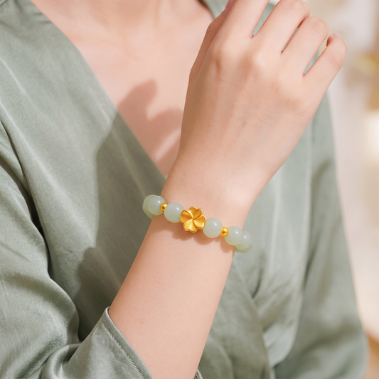 24K 999 Fine Gold Four-Leaf Clover Charm Ice Jade Beaded Bracelet Unique Gift