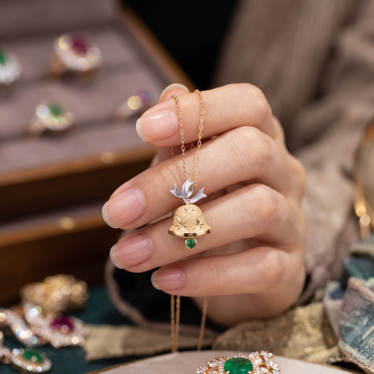 18K Gold White Gold Two-Tone Bell Pendant with Emerald Unique Design for Holiday Christmas