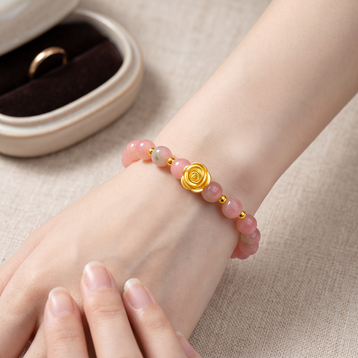 24K 999 Fine Gold Rose Shaped Flower Charm with Luck Pink Agate Bracelet Gift