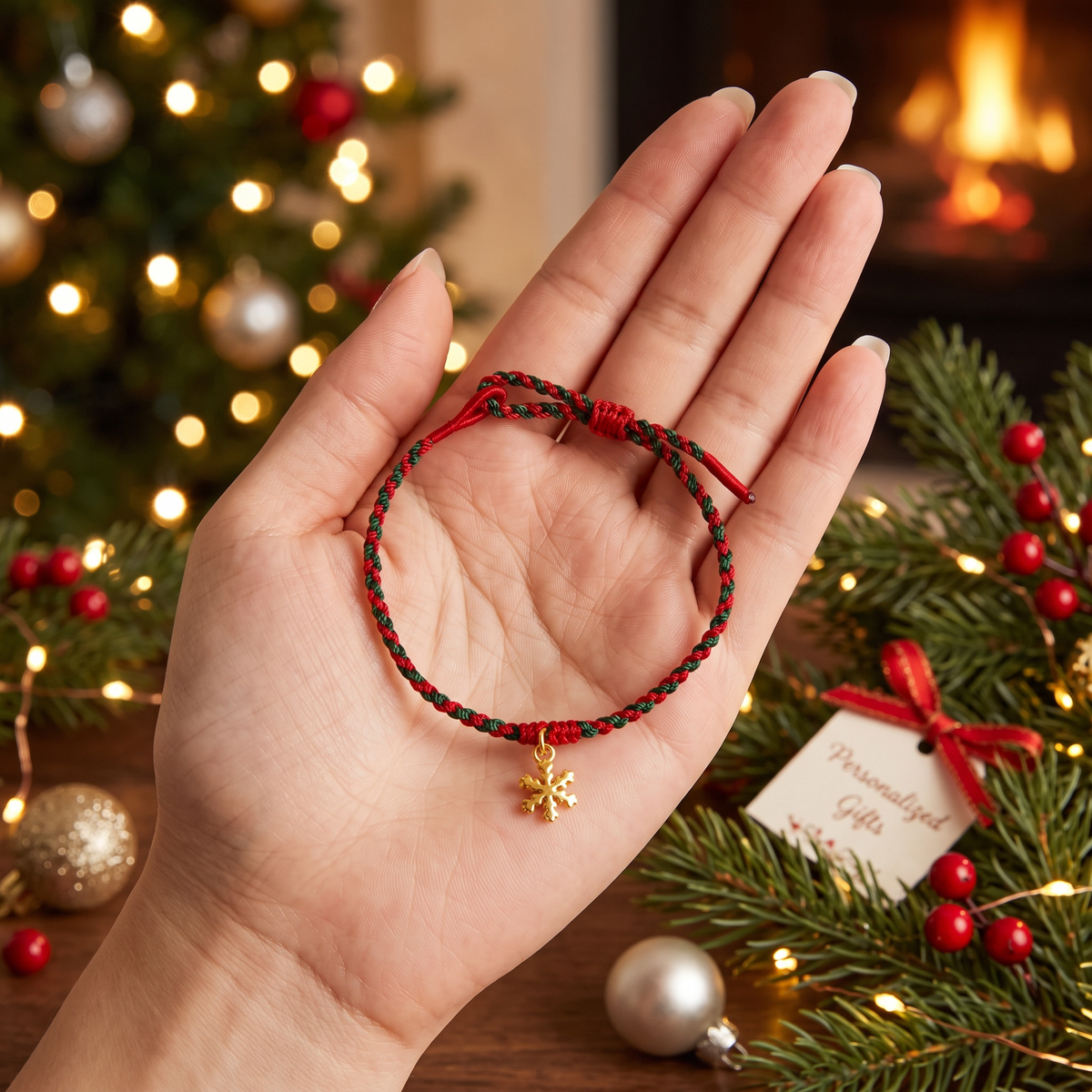 24k 999 Christmas Snowflake Mini Charm Holiday Gift Cord Adjustable Bracelet