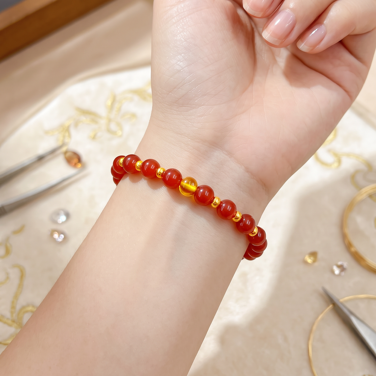 24K 999 Fine Gold Cat's Eye Beads Bracelet Pearl Agate Beads Gift for Girlfriend Wife or Best Friend Birthday