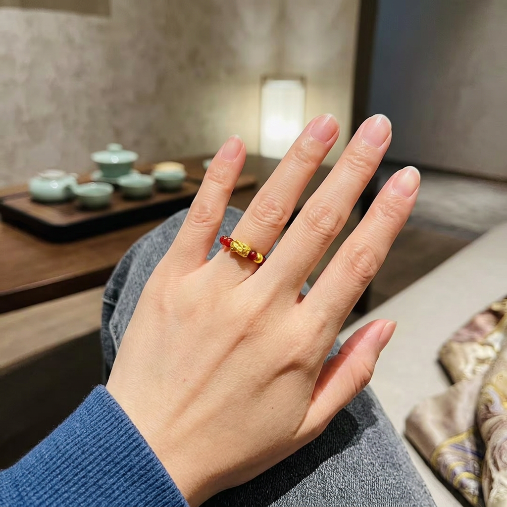 24K 999 5D Hard Gold Pixiu Charm Agate Beads Lucky Ring