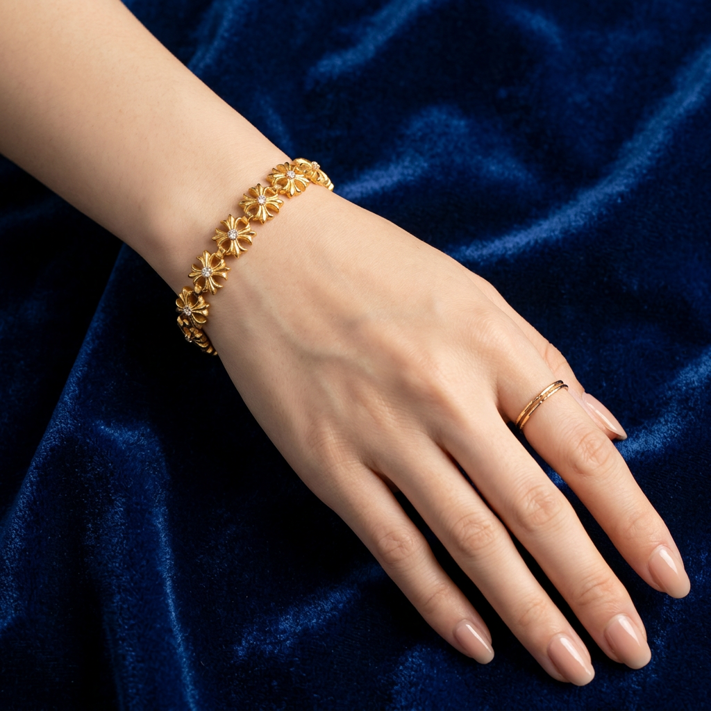 24K Gold Minimal Cross Pattern 999 Moissanite Bracelet