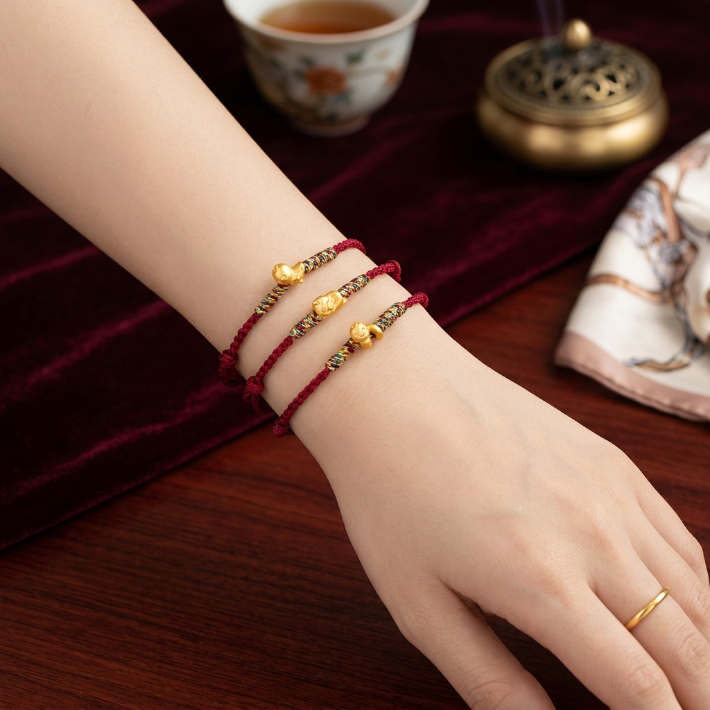 24K Gold 12 Zodiac Animal Horse Dragon Charm with Braided Bracelet