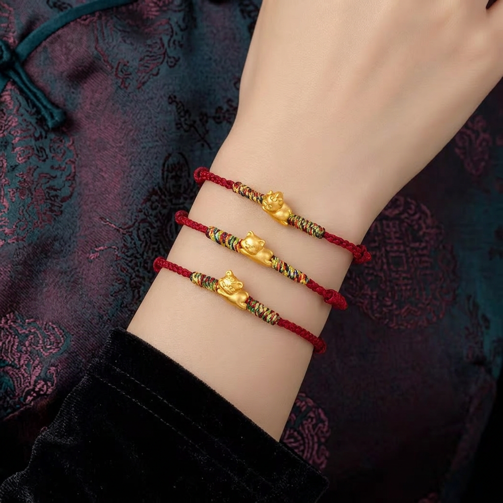 24K Gold 12 Zodiac Animal Horse Dragon Charm with Braided Bracelet